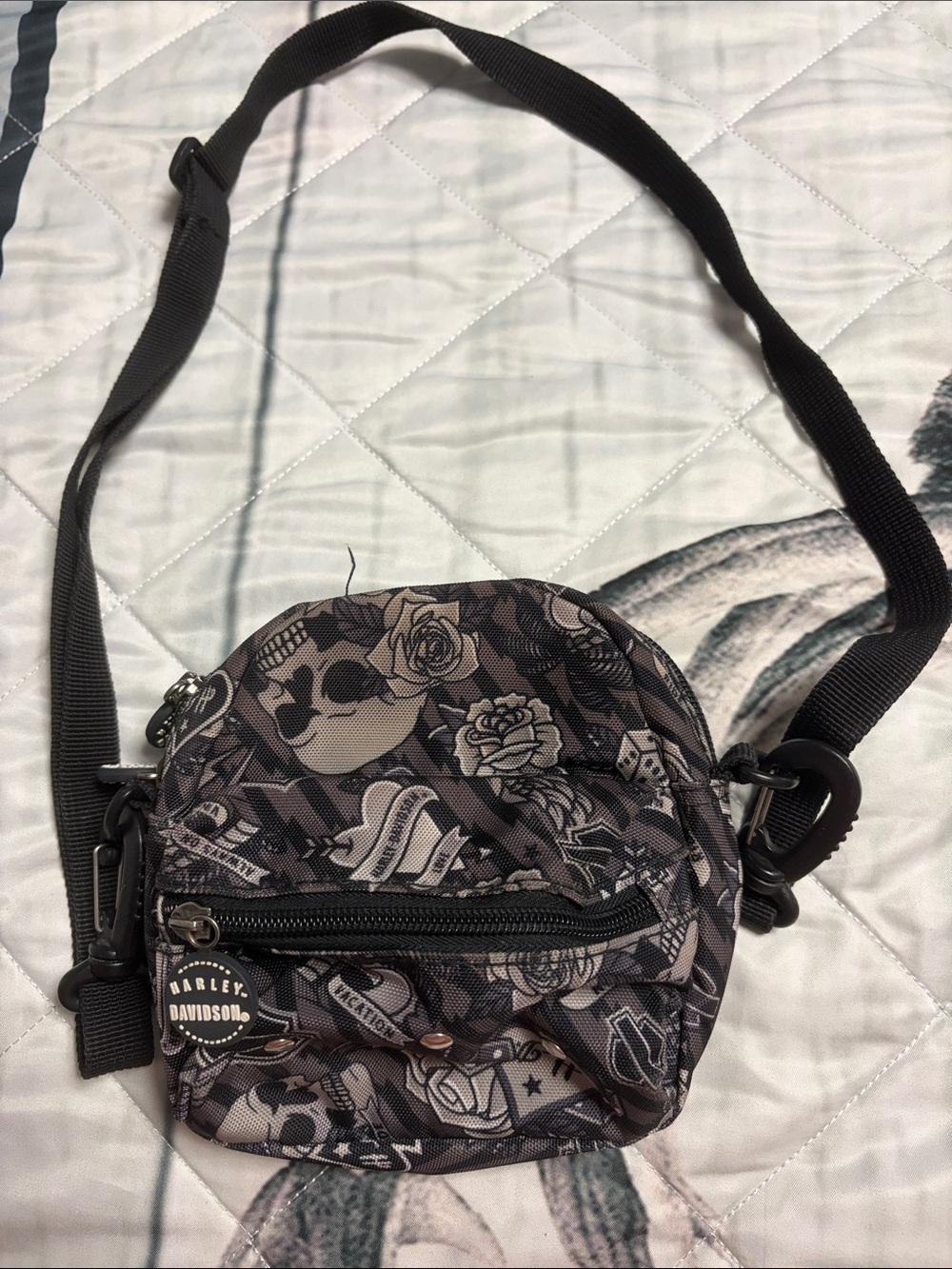 Harley-Davidson Black and Cream Floral Skull Belt Bag